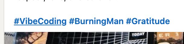 A LinkedIn Post with the hashtags VibeCoding, BurningMan and Gratitude 
