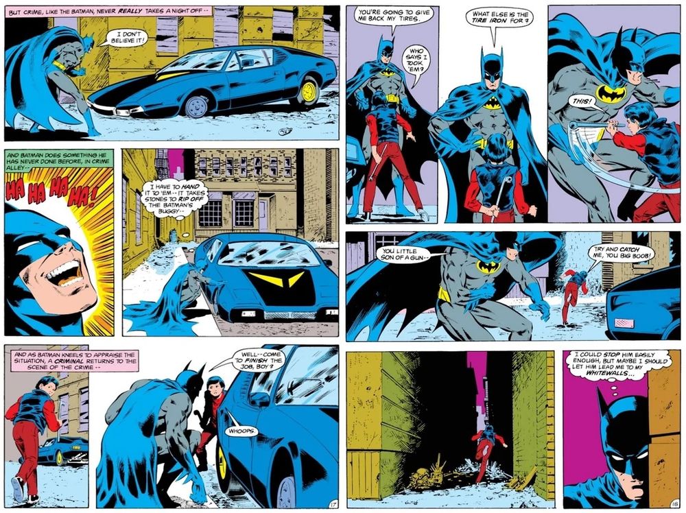 two pages from Batman issue 408, the introduction of Jason Todd, caught stealing the tires off the Batmobile as a homeless pre-teen
