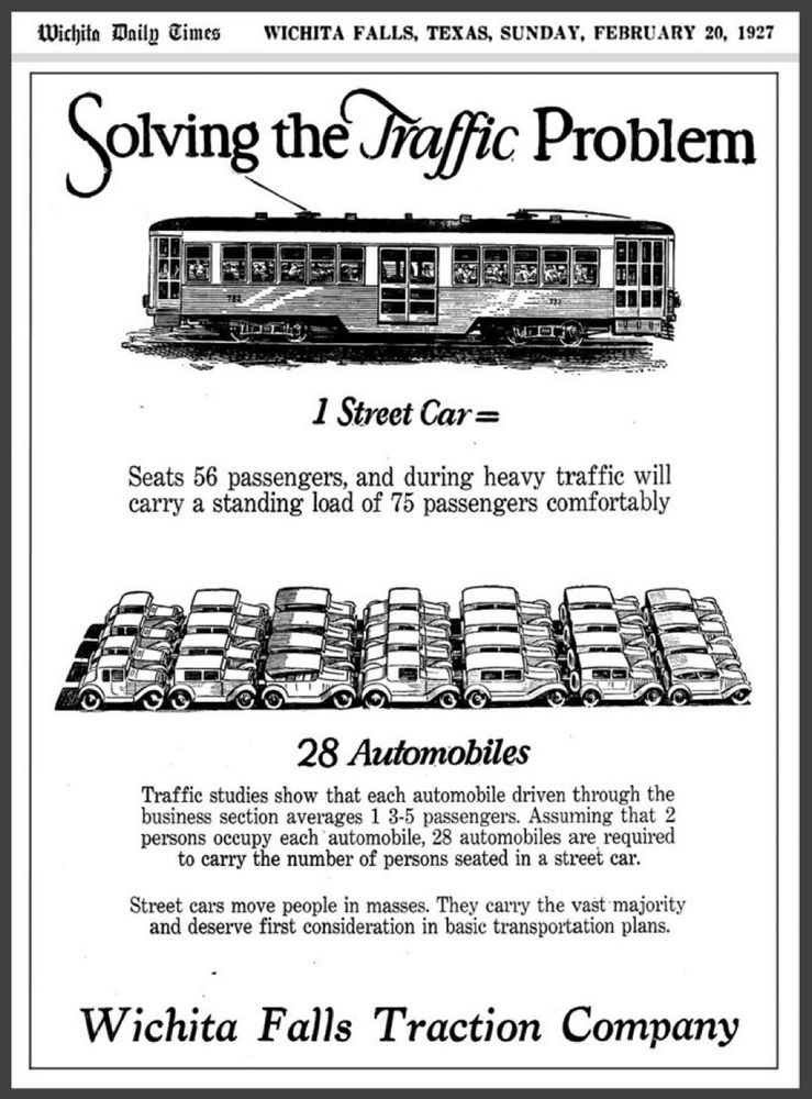 Graphic from 1927 showing that one electric street car moves as many people as 28 automobiles, assuming two people per automobile.
