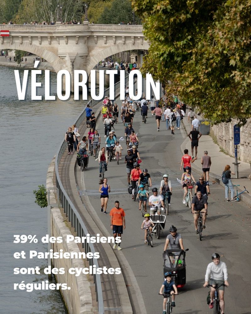 Photo of the former highway along the Seine after it was transformed to a people-place, with stats overlayed.