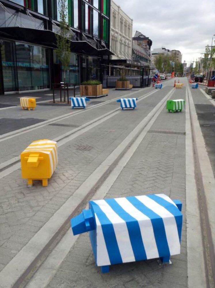 Colourful and HEAVY bollards shaped like sheep in central Christchurch, NZ