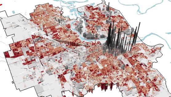 Series of graphics showing the high tax generation in urban parts of cities, and the negative tax generation relative to service costs in low density parts of cities.