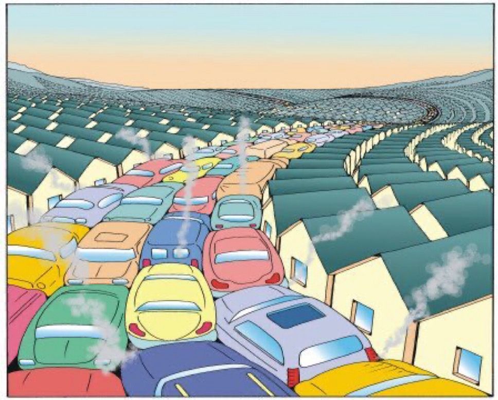 Cartoon with road jammed with cars between rows and rows of detached homes in suburban sprawl.