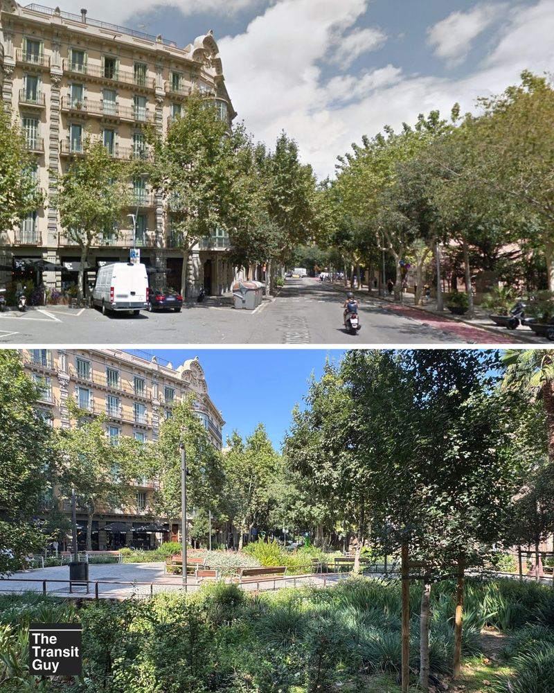 Before and after of a Barcelona superblock intersection