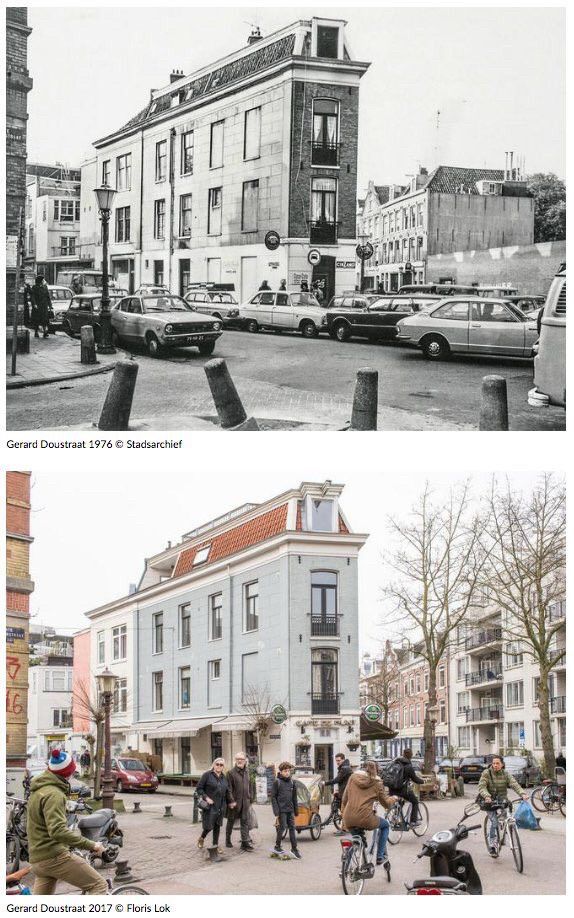 Before and after images showing street transformations in Amsterdam.