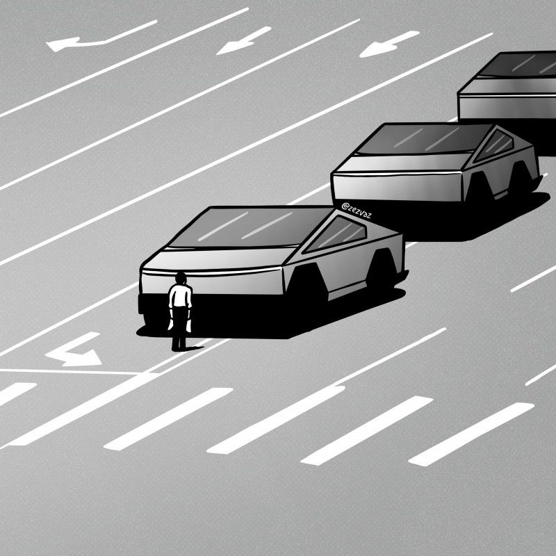 Man standing in front of a line of Cybertrucks in a cartoon resembling the scene in Tiananmen Square.