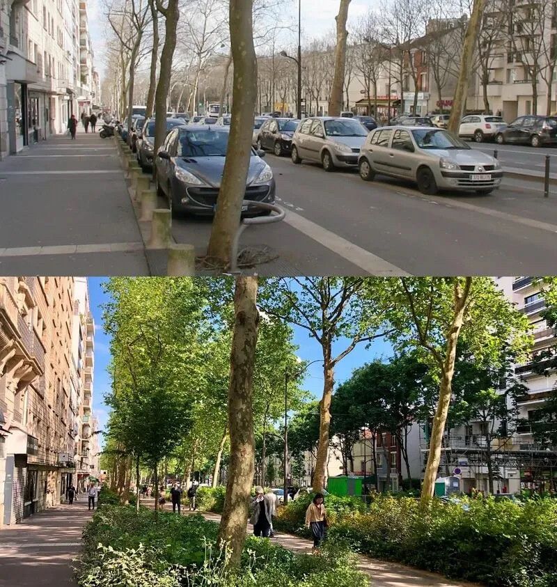 Street greening transformation before and after in Paris