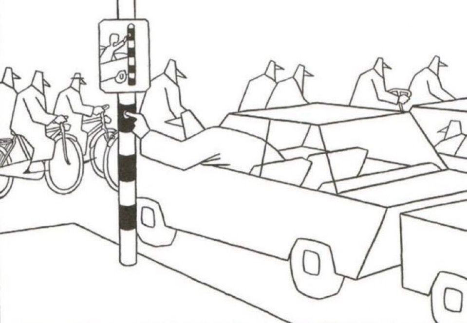 A driver in a car having to press a “beg button“ to change the lights, instead of pedestrians or people on bikes, illustrating the correct prioritization.