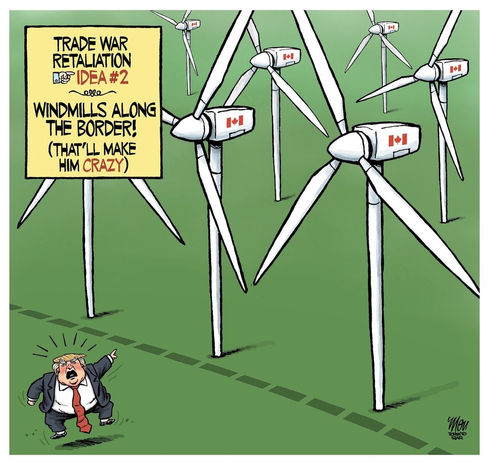 Cartoon with windmills generating energy along the Canadian border with the U.S.