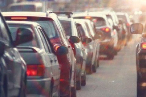 Lines of gridlocked cars 