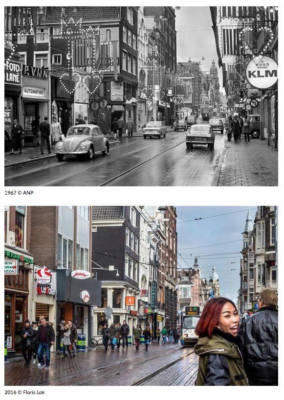 Before and after images showing street transformations in Amsterdam.