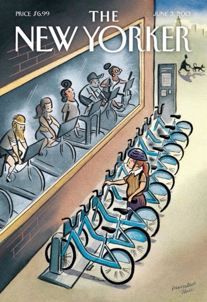 Past New Yorker cover with people inside a gym (that they likely drove to) riding on stationary bikes with a bunch of bikeshare bikes outside the gym mostly unused.