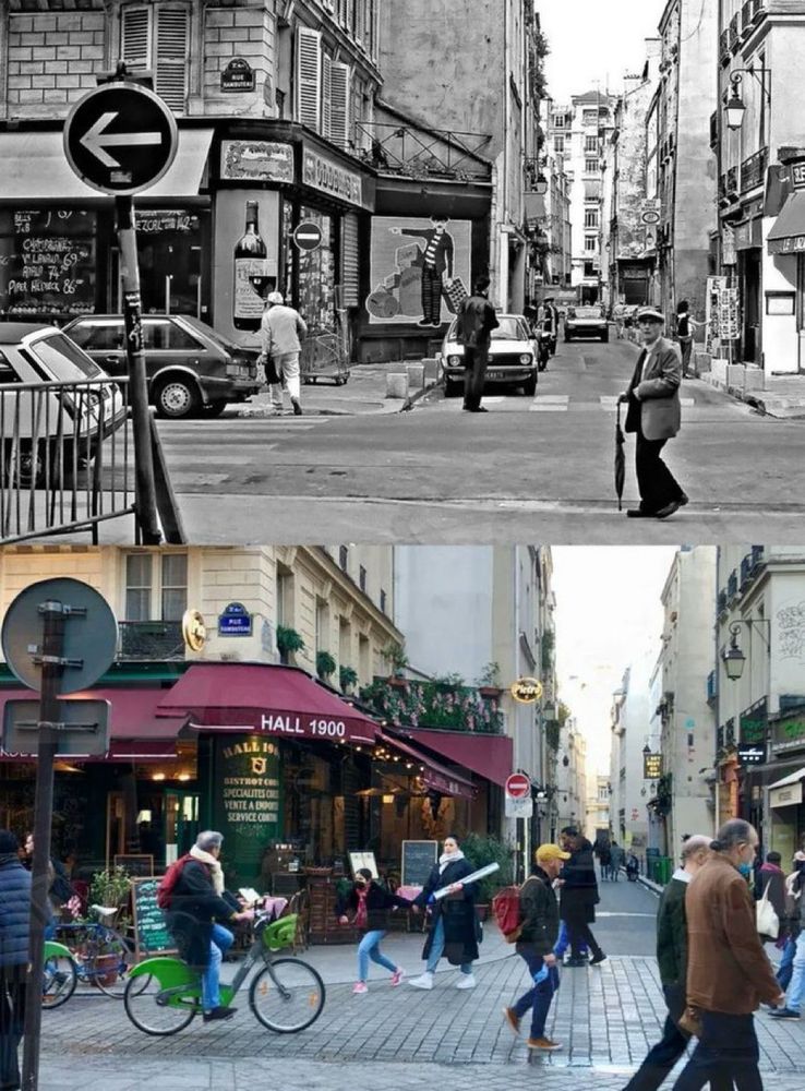 Before and after of central Paris street, cars have been replaced with people.