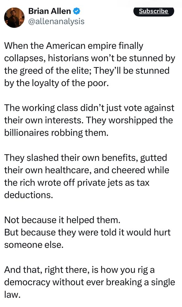 Post on the collapse of the American Empire via the working class worshipping the same billionaires stealing everything from them.