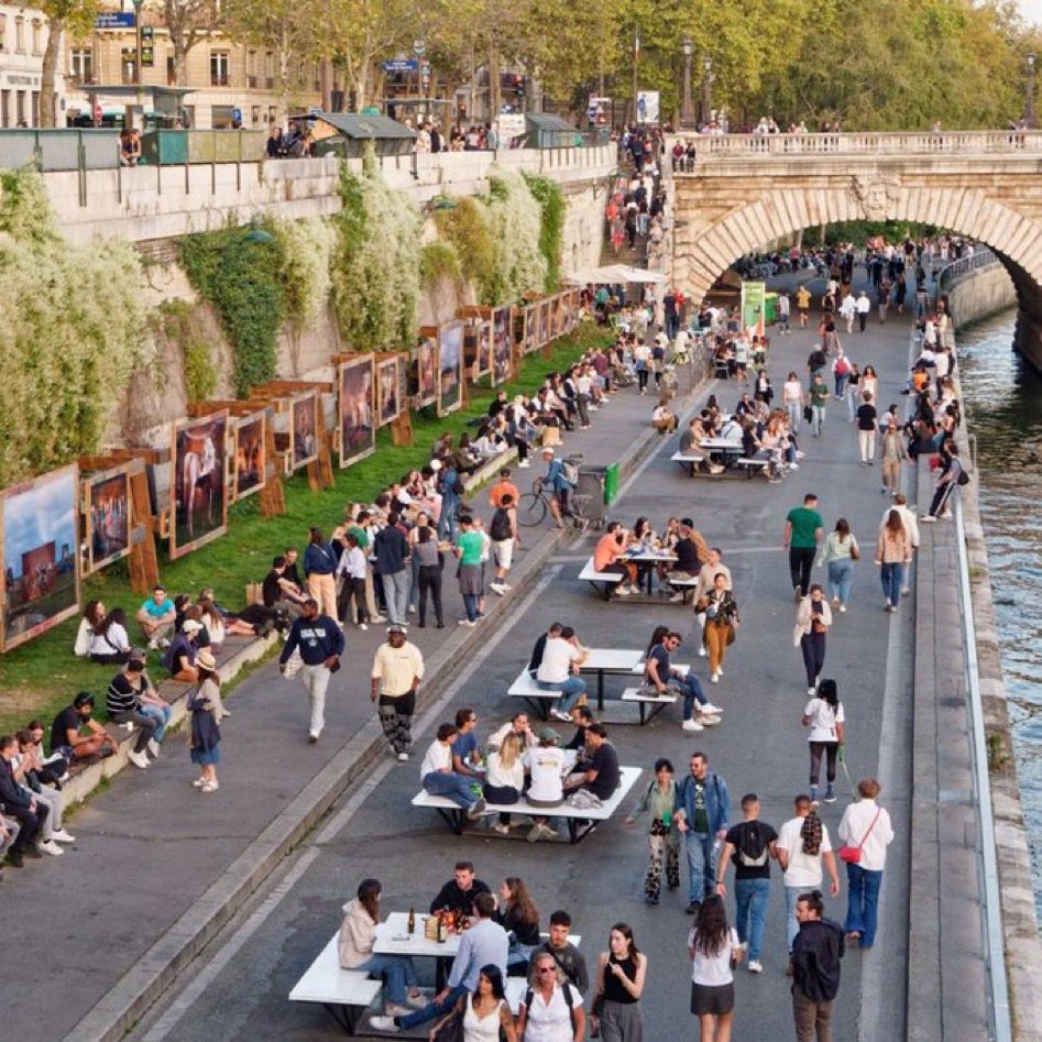 Former highway along the Seine now filled with people, art etc.