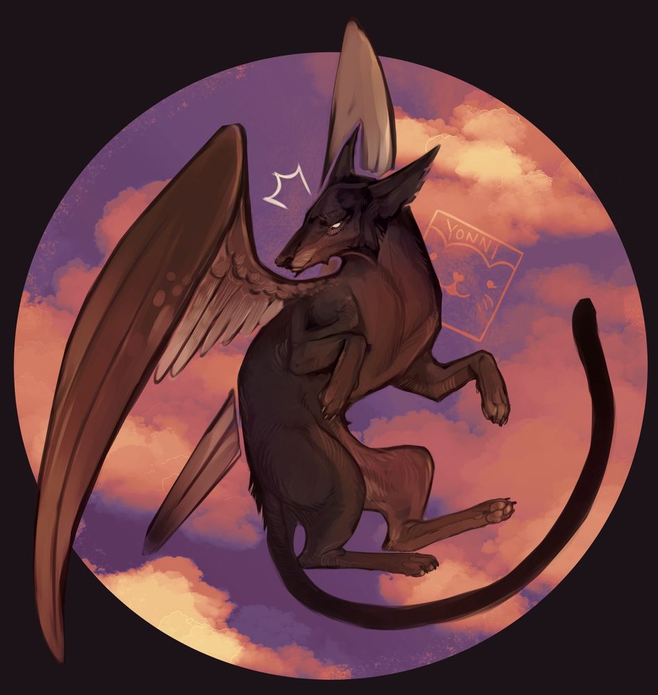 A flying dog creature with a monkey tail. Painting practice.