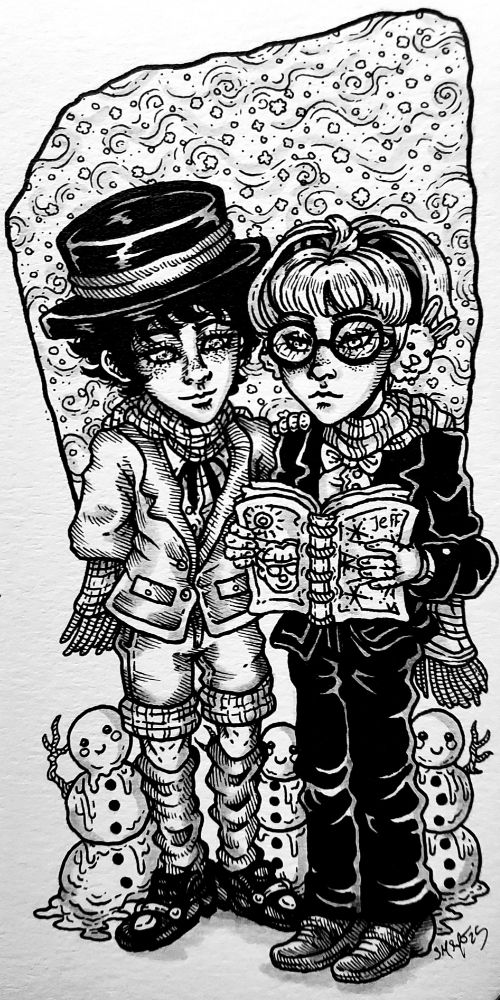 Ink drawing of Jeff and Tony from the game EarthBound (Mother 2) - two boys in winter outfits reading from a notebook. There is snow and wind behind them and somewhat melted, but cheerful-looking snowmen on the ground.