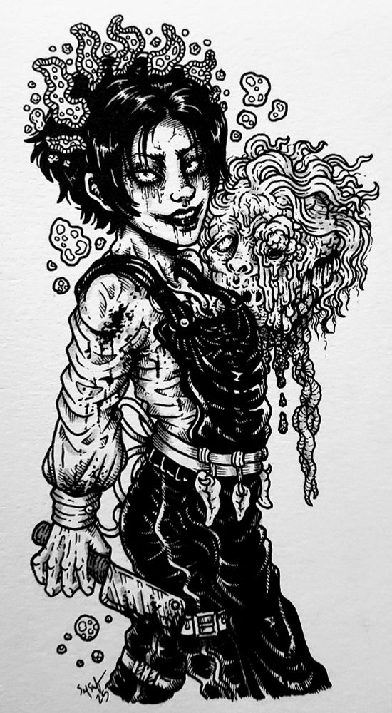 Black and white horror drawing of a man holding a heavily diseased, rotting severed head with stringy hair and visceral entrails coming out of the neck area. The man has oily black hair and is wearing a black leather apron and belt with human tongues hooked around it. He holds a bloodied butcher knife in his right hand, and his eyes and skin appear diseased. He wears clown-like black lipstick or face paint.
Bacteria and bubbles of disease float around his head like a crown and in the air around him.