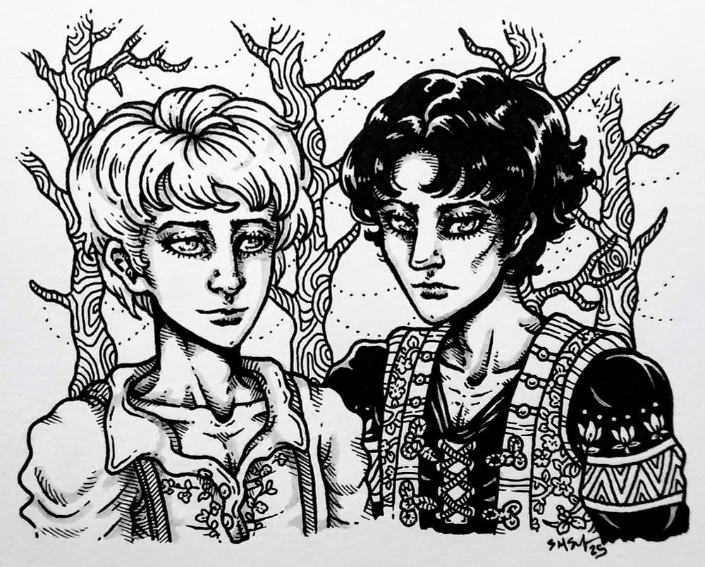 Black and white drawing of two men against a backdrop of trees. The man on the left has light hair and is wearing a collared shirt with floral patterns on the front and suspenders. The man on the right has black hair and is wearing an elaborately patterned vest and black shirt with flower and triangular patterns.