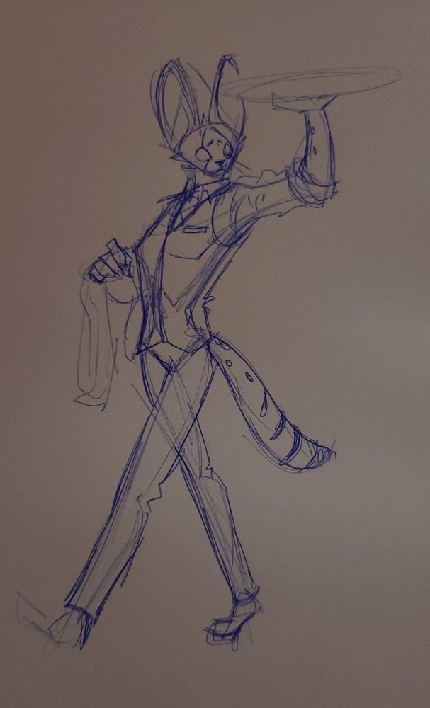 A pen sketch of a very tall serval character. He is wearing a writer's uniform and carrying a tray, which I did not fully sketch so it has nothing on it. His ears are twice the size of his head, his limbs are very long, and his forearms are spotted and striped, as is his tail. 