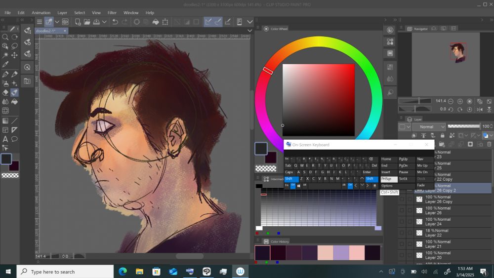 Screenshot of a side profile portrait of David Wong in Clip Studio Paint. 