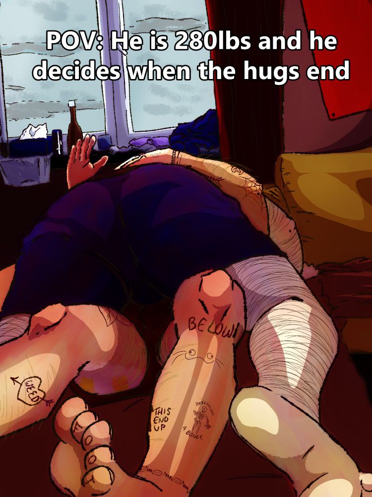 Digital painting of David Wong and John Cheese from John Dies at the End. Dave is laying across John, who is struggling underneath him. They are laying on a couch. Behind them is a window with a cloudy grey sky. Above them is text reading "POV: He is 280lbs and he decides when the hugs end." 