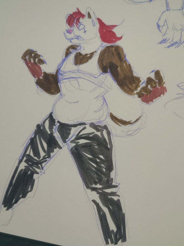 A pen sketch of an anthropomorphic ferret creature. He is posed with his arms spread and feet planted firmly, aggressive snarl on his face. He has bright red hair on his head trimmed into a mullet. His fur is white and brown in a coat pattern known as Blaze. This means his arms and chest are brown, but his belly is white. His tail is brown and white. He is wearing a white crop top and black leather pants, and has a muffin-top of belly hanging over his waistband because he is chubby. His shoes are not seen as the paper ends at his ankles. 