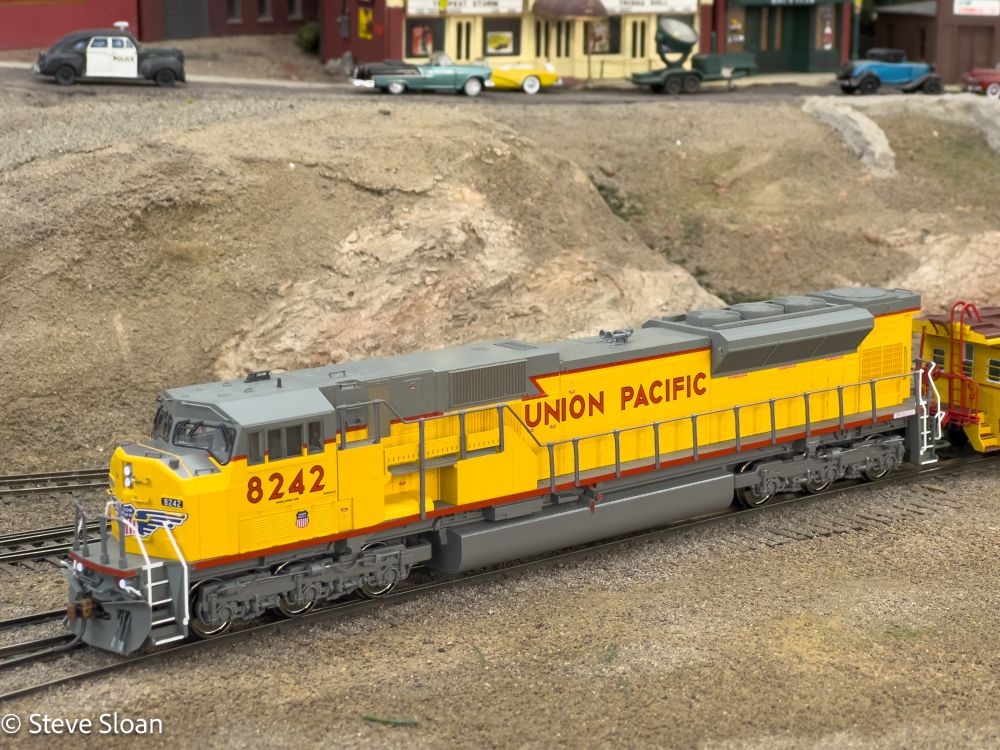 On Saturday, March 8, 2025 at the California Central Model Railroad Club (CCMRC) in the historic Agnew depot in Santa Clara, CA. An HO Kato model of Union Pacific (UP) 8242 was at Shasta.
The real UP 8242 was an SD9043MAC. Reportedly it was built in 1998 serial number 976800-64. Reportedly scrapped circa 2011.