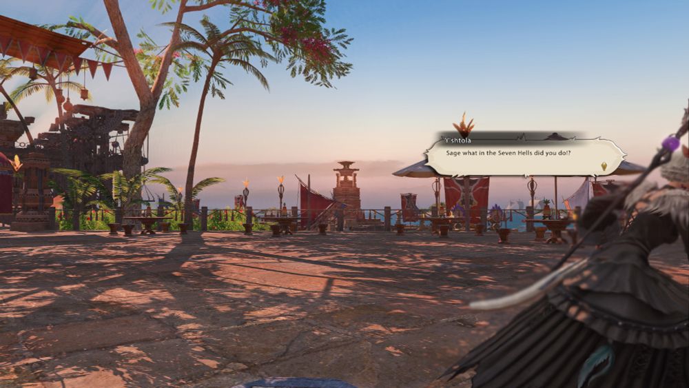 The same frame where Y'shtola was centered, now running quickly out of frame, shouting "Sage what in the Seven Hells did you do!?"