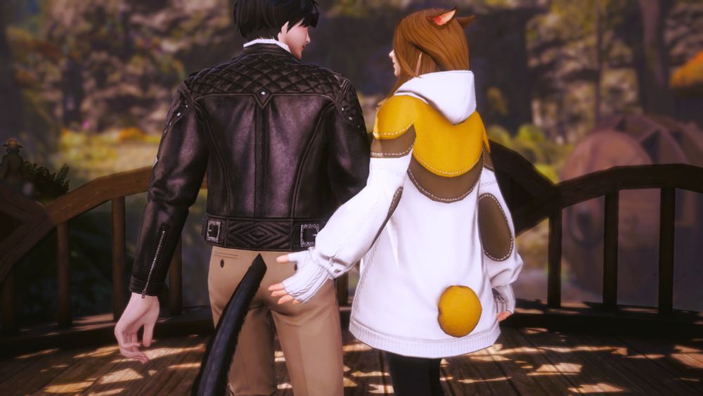 An image of Elly and Skyler from behind revealing the reason for the explanations, that Elly has a hand on Skyler's rear.