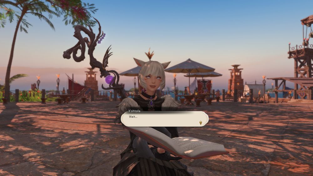 Y'shtola has looked up from her book, now realizing what's just happened, "Wait..."