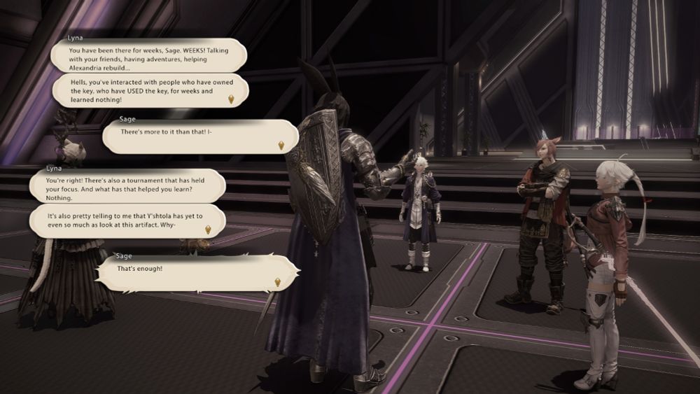 A flashback of Sage in Solution 9 talking with other Scions as they look in his direction. The argument continues:

Lyna: You have been there for weeks, Sage. WEEKS! Talking with your friends, having adventures, helping Alexandria rebuild... Hells, you've interacted with people who have owned the key, who have USED the key, for weeks and learned nothing!
Sage: There's more to it than that! I-
Lyna: You're right! Tehre's also a tournament that has held your focus. And what has that helped you learn? Nothing. It's also pretty telling to me that Y'shtola has yet to even so much as look at this artifact. Why-
Sage: That's enough!