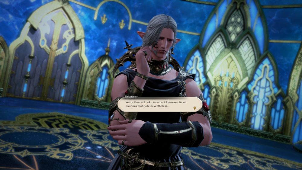 A closeup of Urianger pondering outloud to himself in the Ocular. "Verily, thou art not... incorrect. However, tis an ominous platitude nevertheless..."