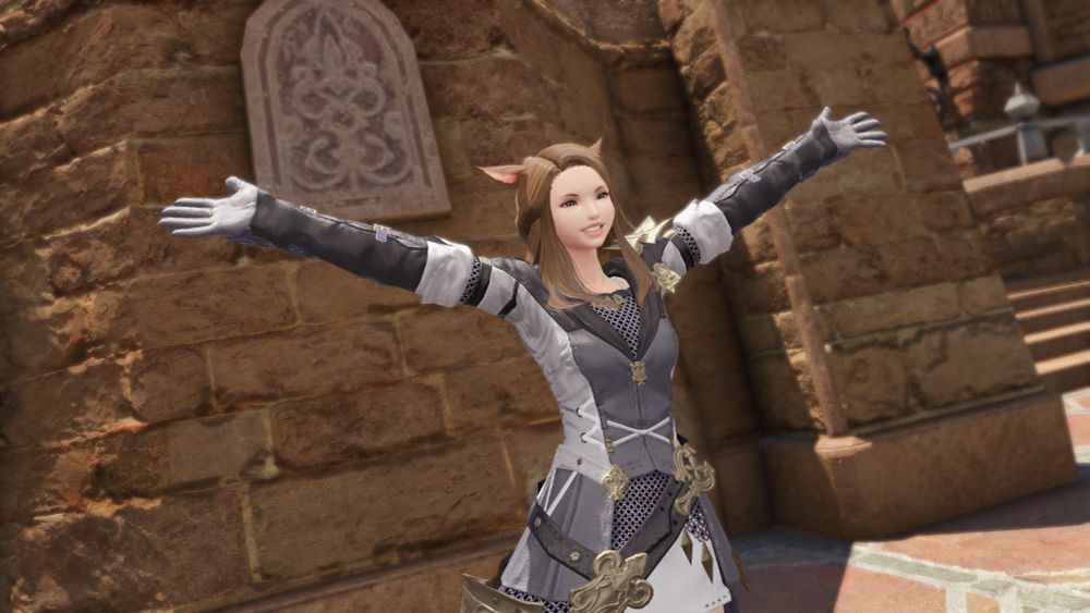 Elly making a joyful expression extending arms wide in Ul'dah