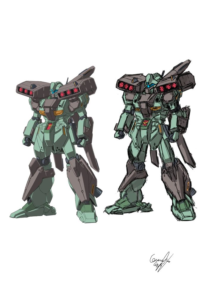 Digital fanart sketch of the Stark Jegan mecha/Mobile Suit from Gundam Unicorn. There are two depicted mechs, the one on the left being the official design and the one on the right being drawn from reference, with sketchy, indistinct linework.