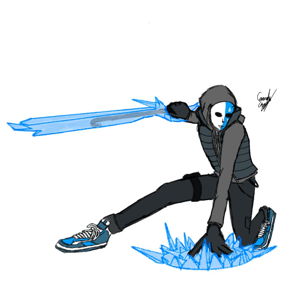 Digital sketch of an ice-themed superhero/vigilante. The character is in a “superhero landing”/”three-point landing pose”. They wear a grey-blue puffer vest over a grey drawstring hooding, black gloves, dark jeans, and blue sneakers with some sort of pouch on his right thigh. His hood is pulled up and on his face is a blank stage mask, one side white and one side blue with white triangles above and below the eye. There is a patch of ice radiating from the palm slamming the ground and he holds an outstretched crowbar surrounded by ice as a large bludgeoning/slashing weapon. The background is pure white and the drawing is done with sketchy, indistinct linework.