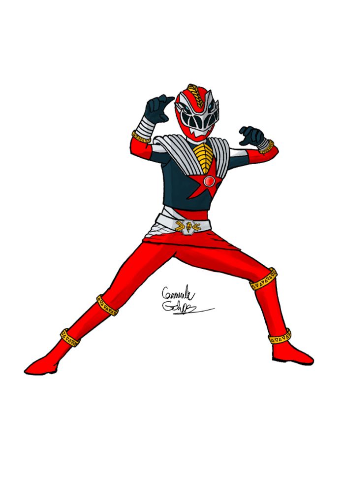 Digital art of the red Cosmic Fury Power Ranger, redesigned with traits from Uchu Sentai Kyuranger. The character is wearing a primarily red full-body suit with gold bands around the knees, ankles and elbows, with a black chestplate that sports a red star and a pink-red orb in the center. There are grey-silver bands on the shoulder and lower arms, which end in black gloves. The helmet is the Cosmic Fury Red Ranger helmet unmodified, with tyrannosaurus rex motifs and a segmented black visor resembling teeth.