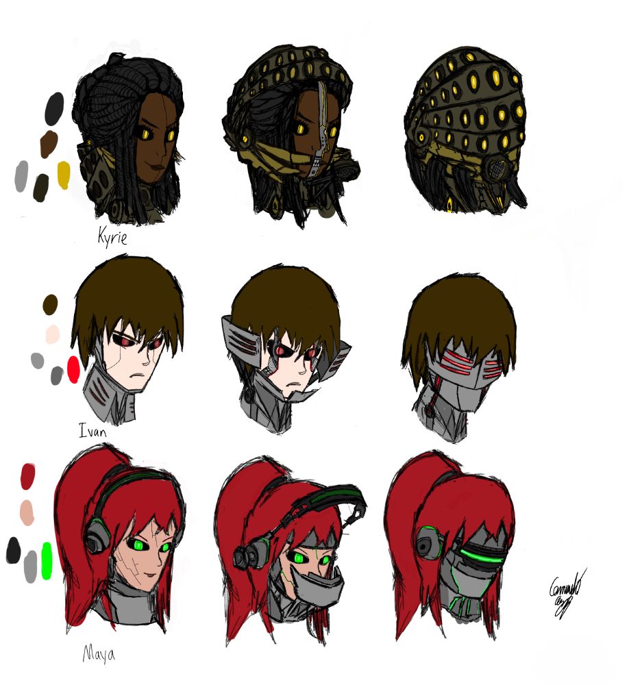 Digital sketch of 3 cyborg characters undergoing mechanical transformations. There are three stages for each, for a total of nine faces. For each one, one picture shows a minimally modified human, once shows their face unfolding with a mask coming around them and the final one shows their face fully enclosed in robotic helmets. The first three depict a black woman with braids and yellow lights named Kyrie, the second set of three depict a brown haired white man with red lights named Ivan, and the final three depict a redheaded woman with a ponytail and green lights named Maya. They are all drawn with sketchy, indistinct linework.
