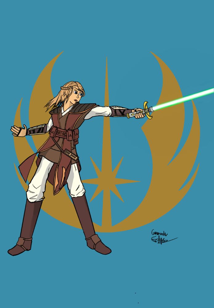 Digital fanart of the character Avar Kriss from the Star Wars High Republic era. She is posed with an outstretched green crossguard lightsaber and wears brown and white tunics. The background is light blue with a golden symbol of the Jedi.