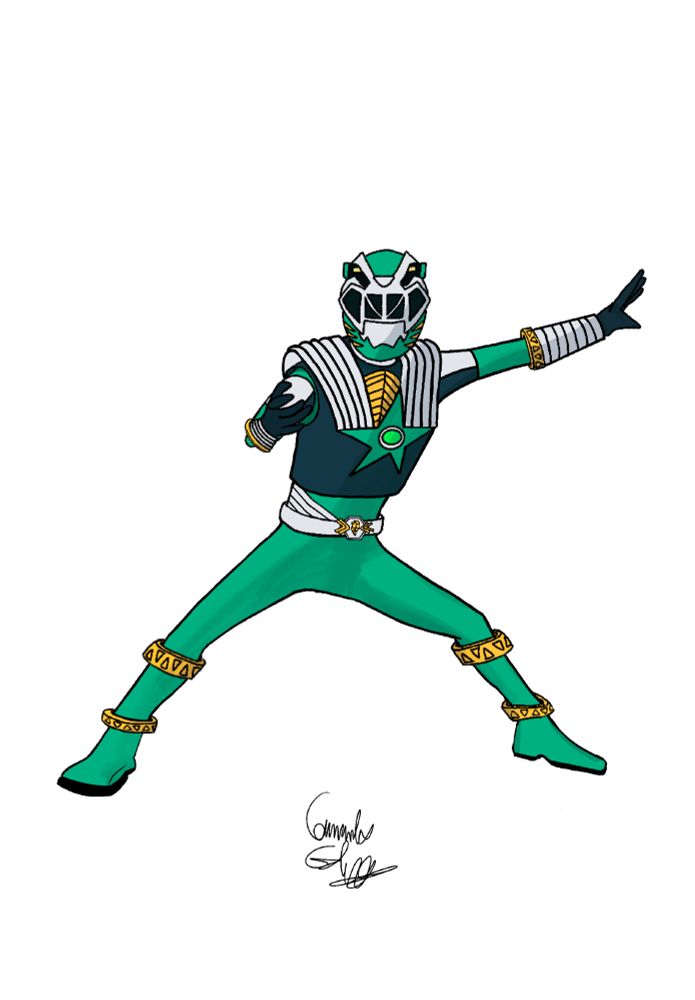 Digital art of the green Cosmic Fury Power Ranger, redesigned with traits from Uchu Sentai Kyuranger. The character is wearing a primarily green full-body suit with gold bands around the knees, ankles and elbows, with a black chestplate that sports a green star and a green orb in the center. There are grey-silver bands on the shoulder and lower arms, which end in black gloves. The helmet is the Cosmic Fury Green Ranger helmet unmodified, with smilodon motifs and a segmented black visor resembling teeth.