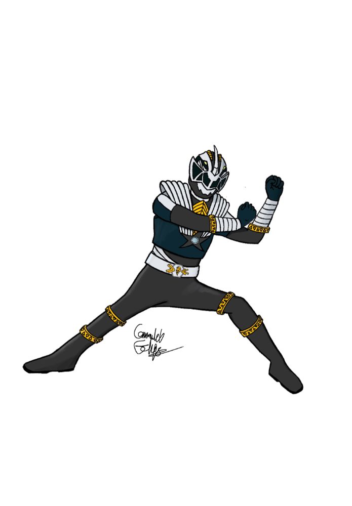 Digital art of the black Cosmic Fury Power Ranger, redesigned with traits from Uchu Sentai Kyuranger. The character is wearing a primarily black/dark-grey full-body suit with gold bands around the knees, ankles and elbows, with a black chestplate that sports a black star and a grey orb in the center. There are grey-silver bands on the shoulder and lower arms, which end in black gloves. The helmet is the Cosmic Fury Black Ranger helmet unmodified, with stegosaurus motifs and a segmented black visor resembling teeth.