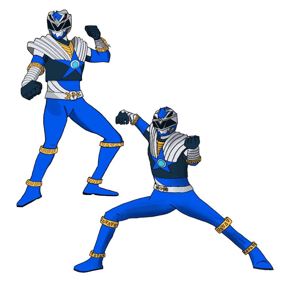 Digital art of the blue Cosmic Fury Power Ranger, redesigned with traits from Uchu Sentai Kyuranger. The suit is primarily blue with gold bands around the knees, ankles and elbows, with a black chestplate that sports a blue star and a light blue orb in the center. There are grey-silver bands on the shoulder and lower arms, which end in black gloves. The helmet the Cosmic Fury Blue Ranger helmet unmodified, with triceratops motifs and a segmented black visor. The character is in two different action poses.
