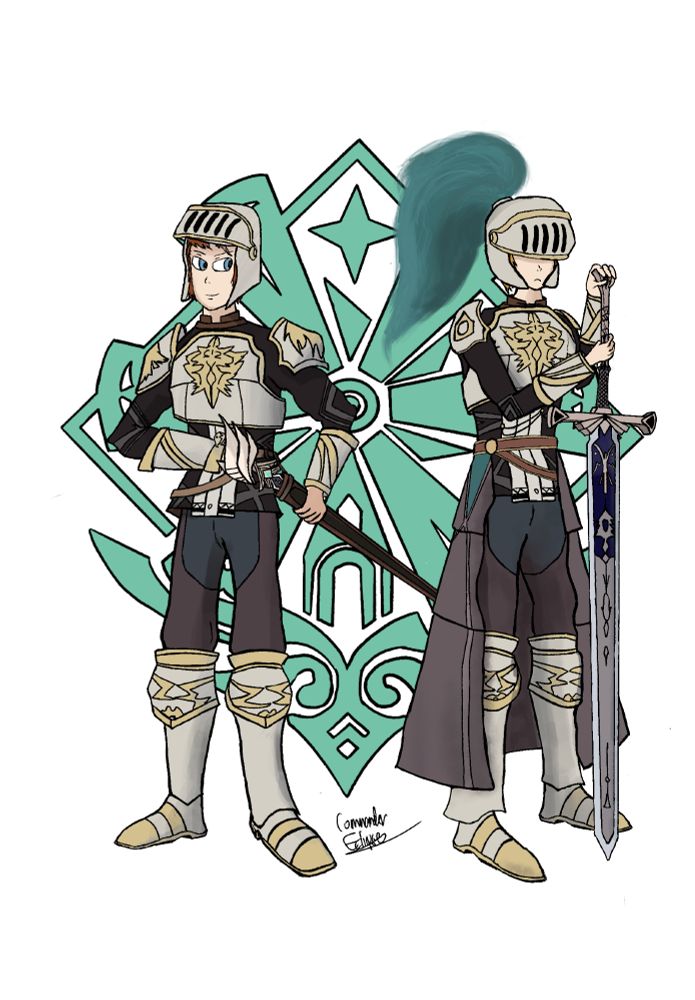 Digital art of a pair of redesigned Knights of Favonius from Genshin Impact. The one on the left has a silver and yellow breastplate, pauldrons, greaves, bracers and a fantasty helmet with the visor turned up. He is drawing a sword from his belt sheathe. The one on the right is armored similarly, with the addition of a waistcoat and a flowing plume on his armor, a lowered visor, and instead carries a large greatsword planted in the ground. A large turquoise symbol of Mondstadt is behind them.