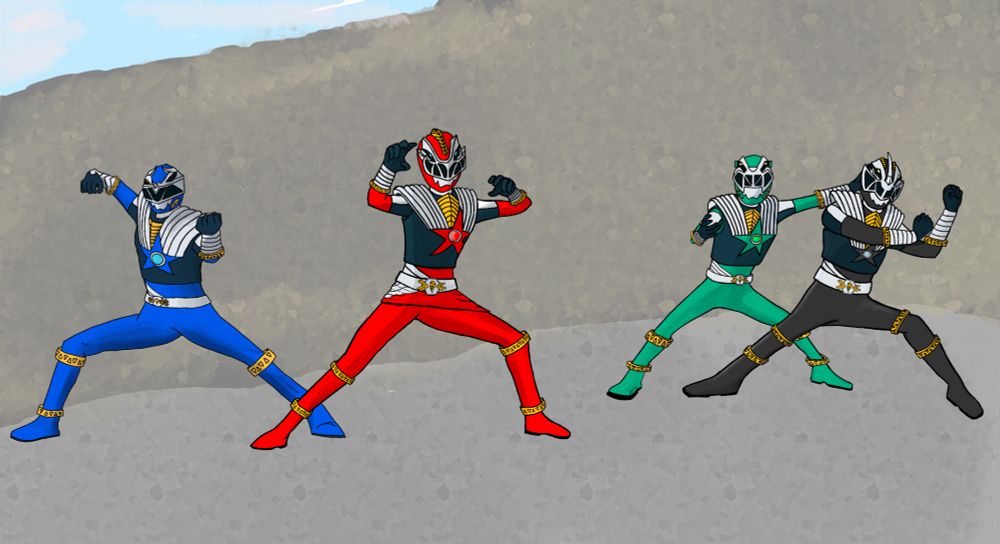 Digital WIP art of the redesigned red, blue, green, and black Cosmic Fury Power Rangers posing in a classic tokusatsu team pose. The line-up mirrors the Mighty Morphin Power Rangers posing together. The rangers have colored full-body suits with gold bands around the knees, ankles and elbows, with a black chestplate that sports a colored star and an orb in the center. There are grey-silver bands on the shoulder and lower arms, which end in black gloves. The helmets are the Cosmic Fury helmets unmodified, with various prehistoric motifs and segmented black visors resembling teeth. The background shows a rock quarry with a blue sky. The piece is overall unfinished.