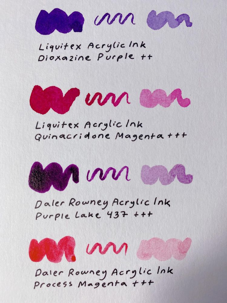 Ink swatches (Liquitex and Daler Rowney inks) on Mossery mixed media sketchbook. Inks are purple and pink.