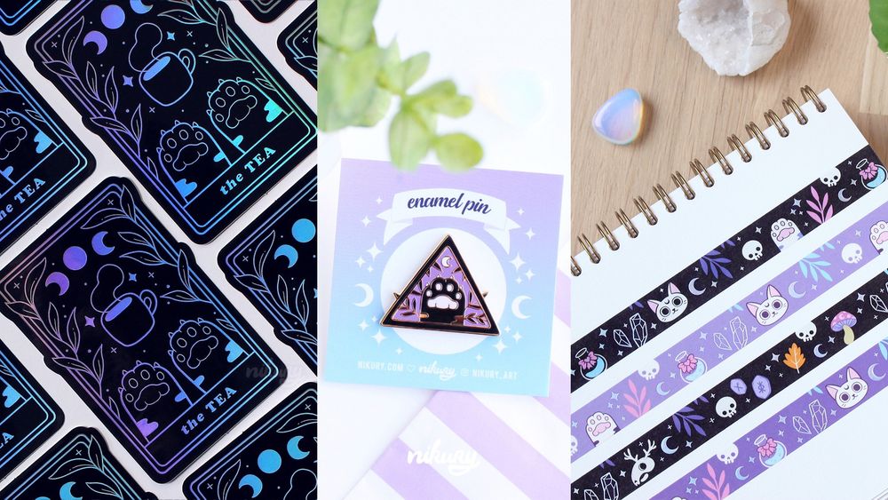 Photos of different, mostly cat themed products. First one is a holographic and black colored sticker of a tarot card with cat paws, moons, a tea mug and text "the tea". Second one is a black and purple colored enamel pin of a cat paw inside a triangle with moon and leaves. Third one is four cute black or purple colored illustrated washi tapes with witchy items like for example skulls, runes, moons, witchy kittens and cat paws.