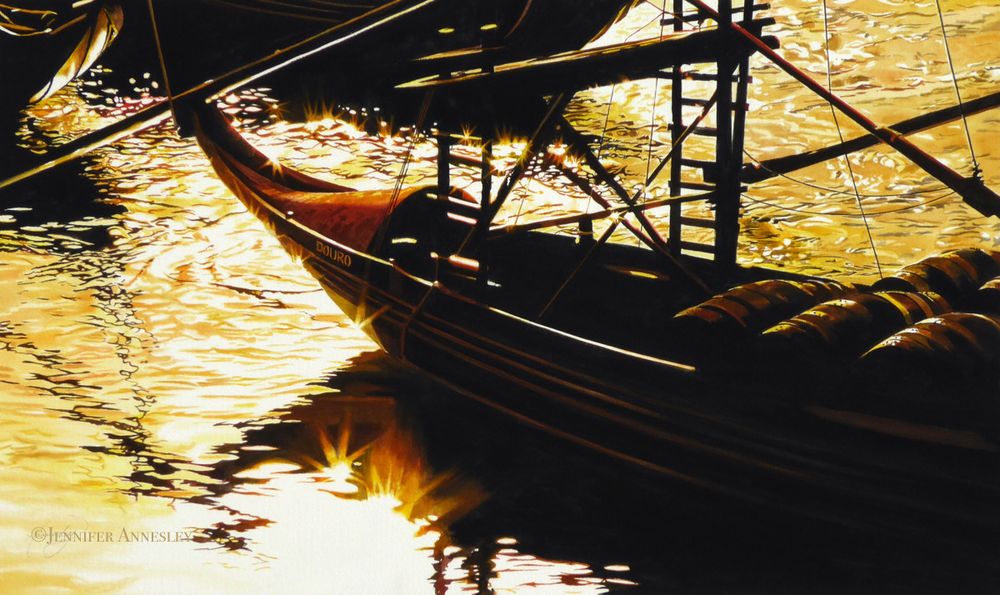 Watercolour painting by #Jenniferannesley of a Barco Rabelo, a traditional wooden cargo ship on the Douro river in Portugal, floats in a a sparkling river just at sunset, with golden light sparkling on water, and port barrels nestled on deck.