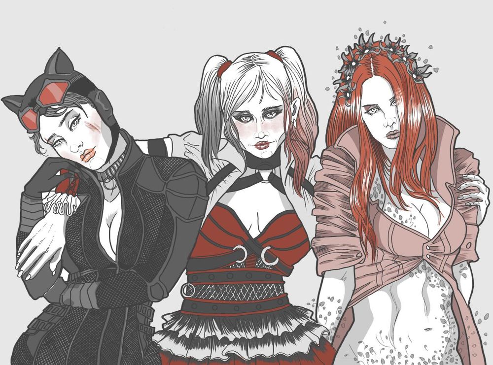 A drawing of Catwoman, Harley Quinn and Poison Ivy.