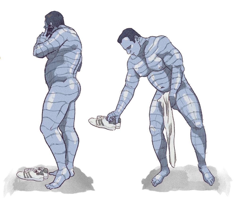 A drawing of Colossus changing in a locker room, with a strategically placed towel for censoring.