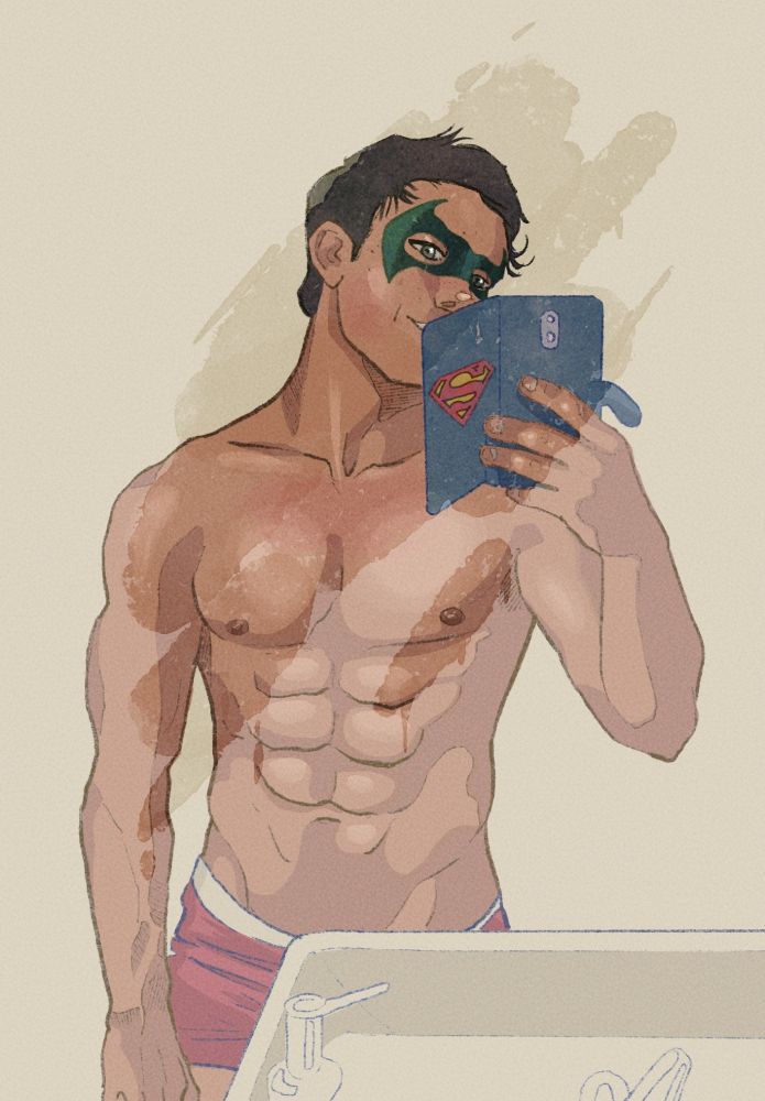 A drawing of Damian Wayne taking a shirtless selfie in a foggy bathroom. His phone has a Superman case.